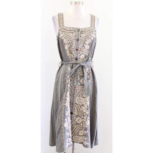 Johnny Was Dresses & Skirts - Johnny Was Green Ornate Floral Embroidered Button Front Tie Waist Linen Dress S